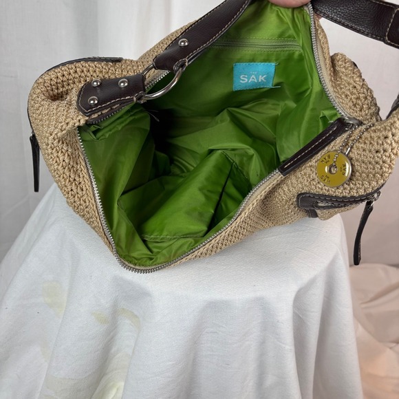 The Sak "Leann" Crochet Hobo Bag Tan Brown Leather Trim Silver Tone Hardware - Picture 5 of 12